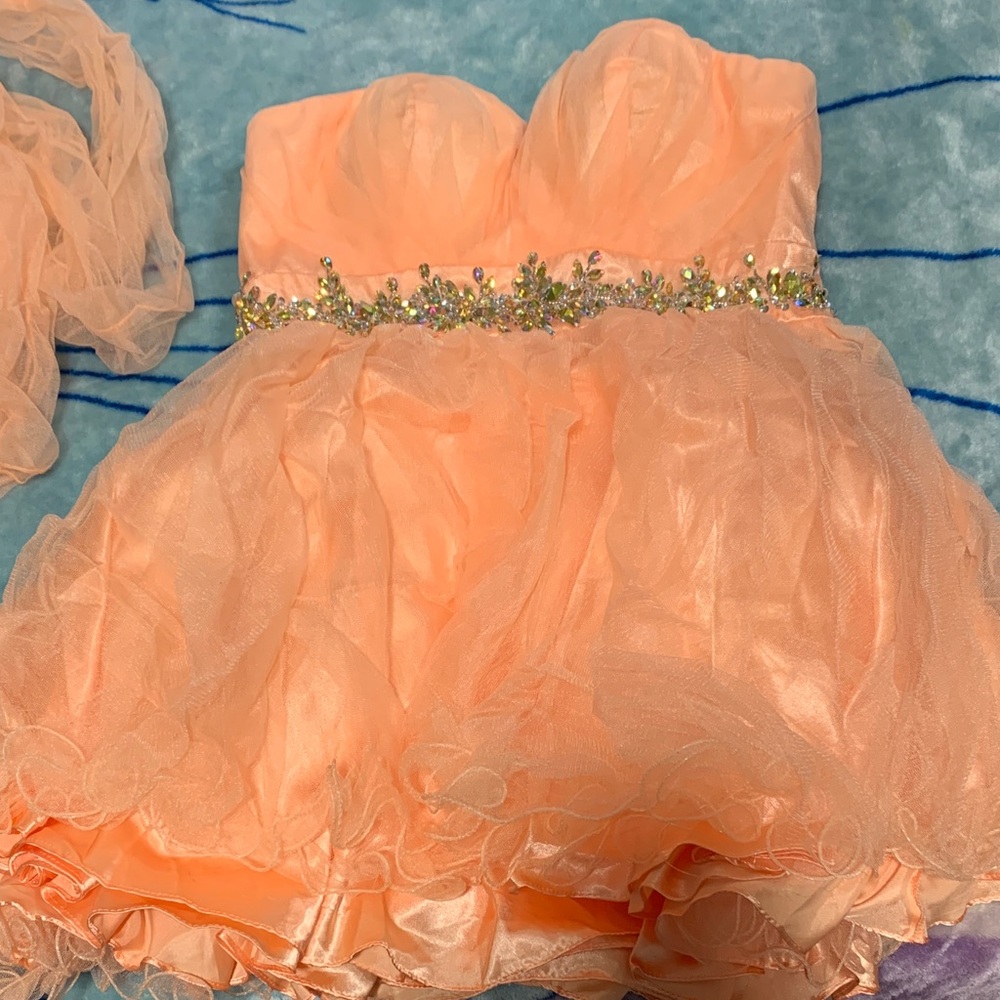 Peach Strapless Dress with Embellished Waist